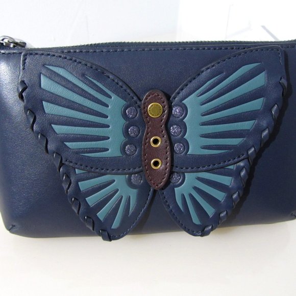 COACH $198 BUTTERFLY APPLIQUE LARGE WRISTLET 2954 Navy Whipstitch - Picture 1 of 5